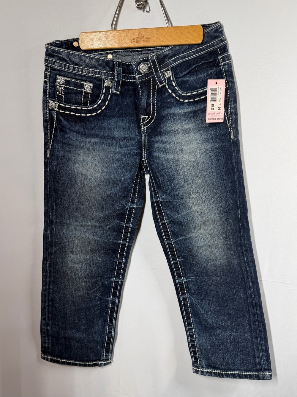 Miss Me Girls Dark Blue Cropped Jeans with Contrast Stitching Peace Sign
